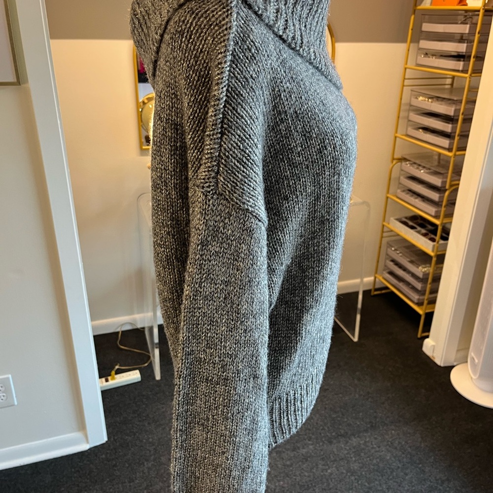 White House Black Market Silver Shiny Charcoal Off-Shoulder Zippered Sweater - Picture 4 of 9